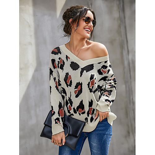 

Women's Deep V Leopard Sweater Long Sleeve Sweater Cardigans Deep V Fall Winter Black Beige