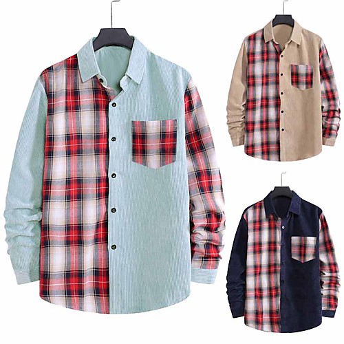 

Men's Shirt non-printing Color Block Plus Size Patchwork Long Sleeve Daily Tops Corduroy Elegant Vintage Classic Collar Button Down Collar Blue Khaki Black