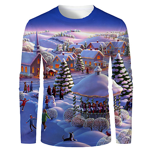

Men's T shirt Shirt 3D Print Graphic Scenery 3D Print Long Sleeve Christmas Tops Round Neck Purple