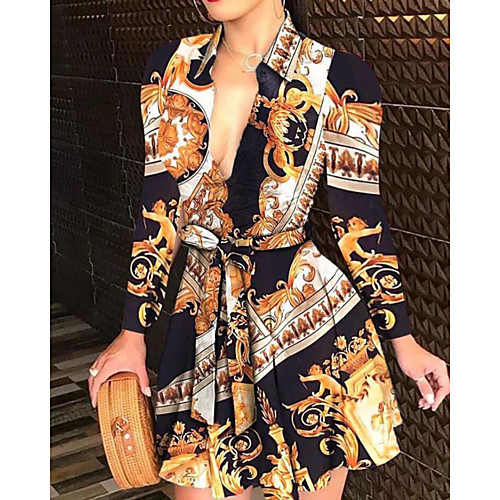 

Women's A Line Dress Short Mini Dress Blue Yellow Dusty Blue White Black Red Navy Blue Long Sleeve Print Patchwork Print Fall Spring Sexy 2021 S M L XL XXL
