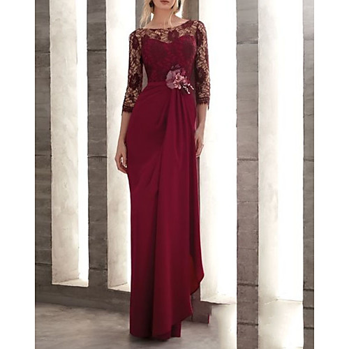 

Sheath / Column Vintage Sexy Wedding Guest Formal Evening Dress Boat Neck Half Sleeve Floor Length Chiffon with Pleats Lace Insert 2021