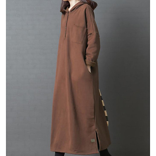 

Women's Swing Dress Midi Dress Green Brown Long Sleeve Solid Color Pocket Patchwork Fall Spring Hooded Casual Oversized 2021 L XL / Cotton / Cotton