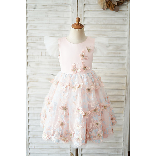 

Ball Gown Knee Length Flower Girl Dresses Wedding Tulle Cap Sleeve Jewel Neck with Butterfly Design