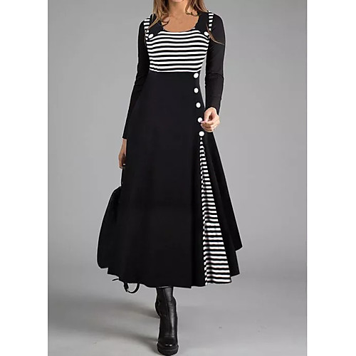 

Women's Shift Dress Maxi long Dress Black Long Sleeve Striped Solid Color Button Fall Winter Square Neck Casual 2021 M L XL XXL 3XL