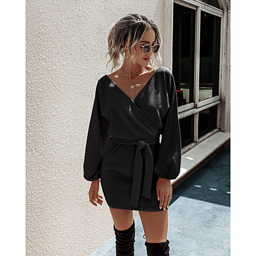 

Women's Shift Dress Short Mini Dress Light gray Black Beige Long Sleeve Solid Color Patchwork Fall Spring V Neck Casual Lantern Sleeve 2021 S M L XL