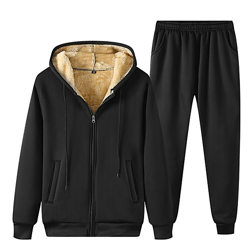 

Men's 2 Piece Full Zip Tracksuit Street Athleisure 2pcs Winter Long Sleeve Fleece Thermal Warm Quick Dry Breathable Fitness Gym Workout Running Jogging Training Sportswear Solid Colored Hoodie Black