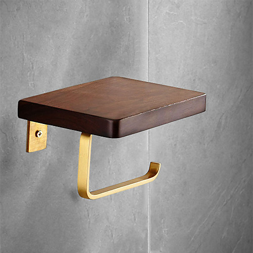 

Toilet Paper Holder Black Walnut Wood and Brass Paper Towel Holder Punchable Bathroom Roll Paper Holder with Mobile Phone Storage 1pc