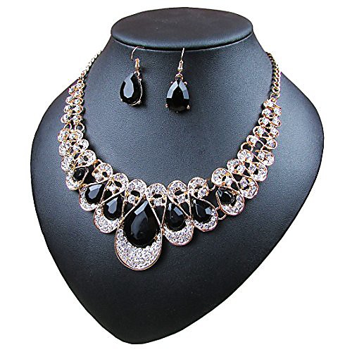 

crystal glass water droplets large stones necklace and stud earrings set for women (black)
