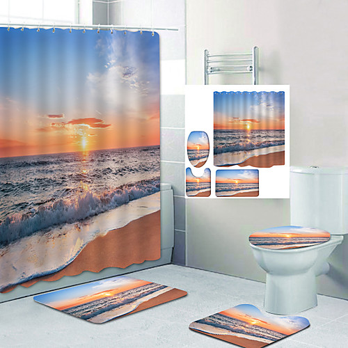 

Dawn Beach Digital Printing Four-piece Set Shower Curtains Hooks Modern Polyester Machine Made Waterproof Bathroom