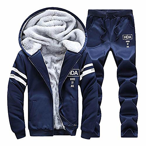 

men's fleece tracksuit hooded thick jogging sweat suits winter warm pullover coats 2 pieces outfits set (l, blue)