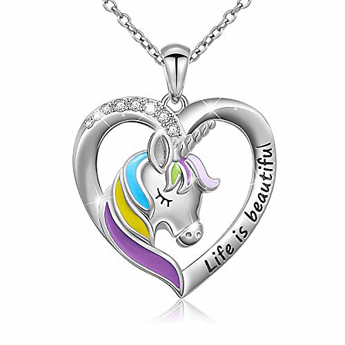 

925 sterling silver engraved life is beautiful rainbow unicorn in heart necklace, rolo chain 18
