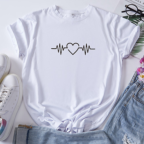 

Women's T shirt Heart Round Neck Tops 100% Cotton Basic Basic Top White Black Red
