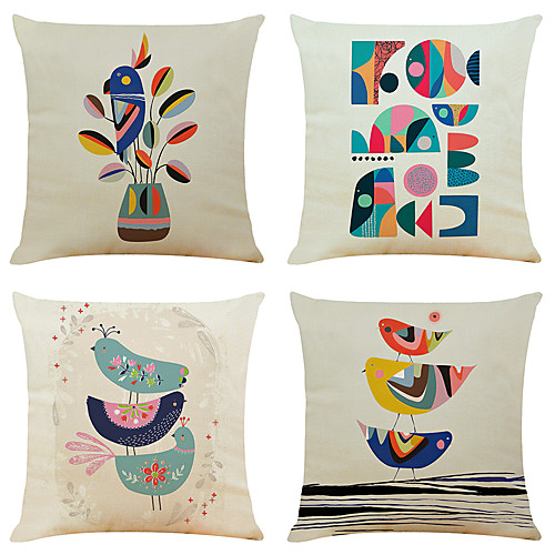

Set of 4 Art Bird Faux Linen Square Decorative Throw Pillow Cases Sofa Cushion Covers 18x18