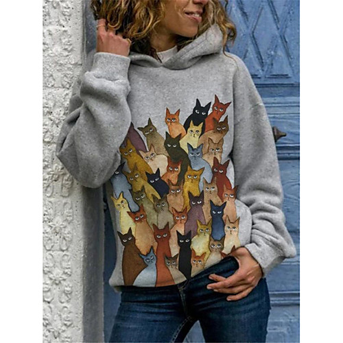 

Women's Hoodie Pullover Cat Daily Casual Hoodies Sweatshirts Loose Gray