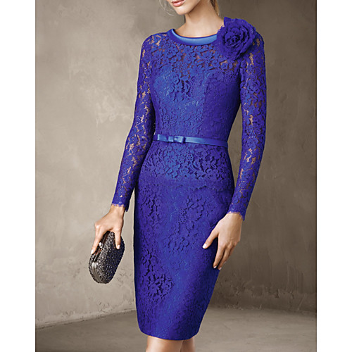 

Sheath / Column Elegant Floral Wedding Guest Cocktail Party Dress Jewel Neck Long Sleeve Knee Length Lace with Sash / Ribbon 2021