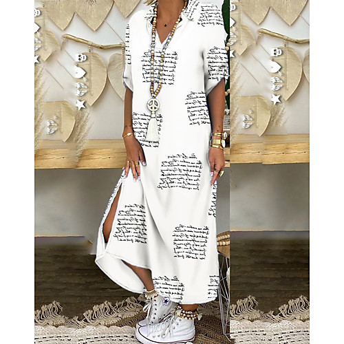 

Women's Shift Dress Midi Dress Blue Rainbow White Black Red Long Sleeve Print Patchwork Print Fall Spring V Neck Casual Oversized 2021 S M L XL XXL 3XL