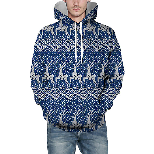 

Men's Pullover Hoodie Sweatshirt Graphic 3D Reindeer Hooded Christmas Daily 3D Print Christmas Hoodies Sweatshirts Long Sleeve Navy Blue