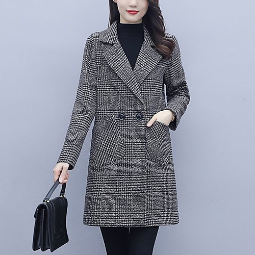 

Women's Pea Coat Daily Fall & Winter Regular Coat Regular Fit Streetwear Jacket Long Sleeve Houndstooth Gray Khaki