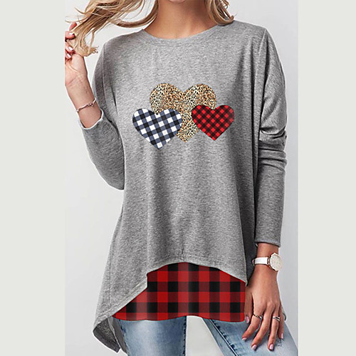 

Women's T shirt Heart Long Sleeve Round Neck Tops Cotton Basic Basic Top Blue Red Yellow