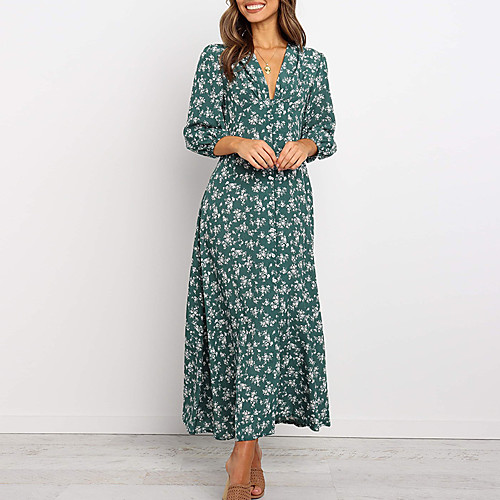 

Women's Sheath Dress Maxi long Dress Green Navy Blue 3/4 Length Sleeve Floral Split Print Summer V Neck Casual Slim 2021 S M L XL