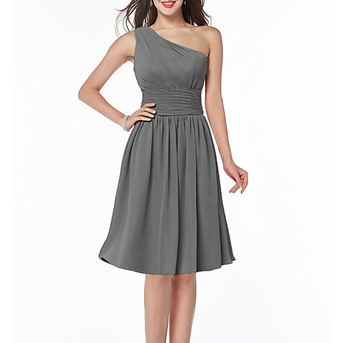 

A-Line Flirty Minimalist Homecoming Cocktail Party Dress One Shoulder Sleeveless Knee Length Chiffon with Sleek Sash / Ribbon 2021