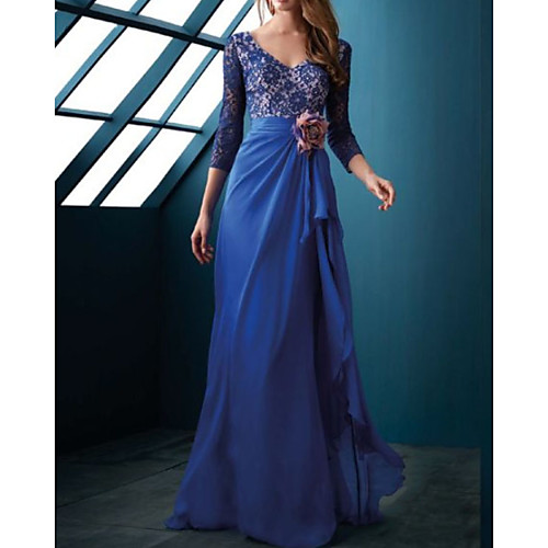 

Sheath / Column Luxurious Floral Wedding Guest Formal Evening Dress V Neck 3/4 Length Sleeve Floor Length Chiffon Lace with Draping Appliques 2021