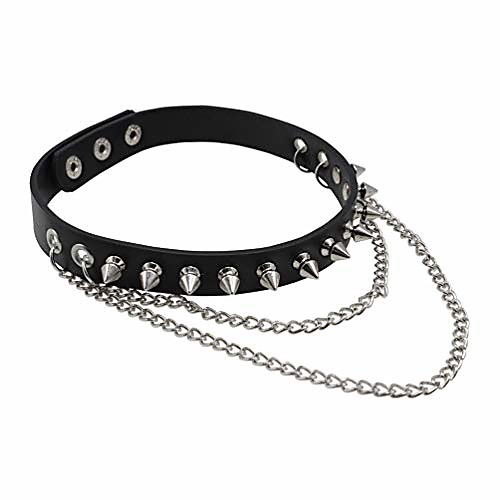 

goth black leather collar choker with studded spike metal chains punk necklace