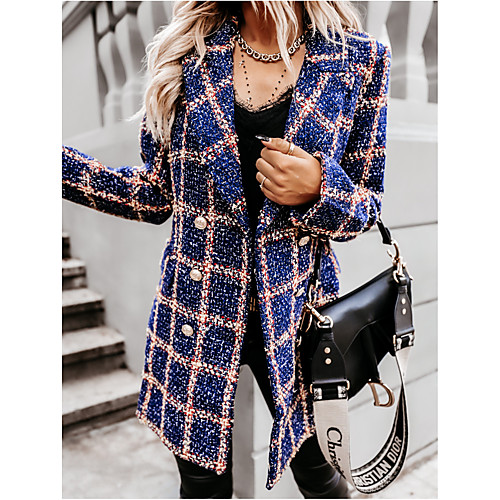 

Women's Pea Coat Work Fall & Winter Regular Coat Shirt Collar Regular Fit Streetwear Jacket Long Sleeve Houndstooth Patchwork Blue Gray