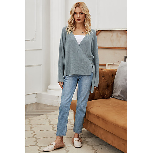 

Women's Knitted Solid Color Cardigan Long Sleeve Sweater Cardigans V Neck Fall Light Blue