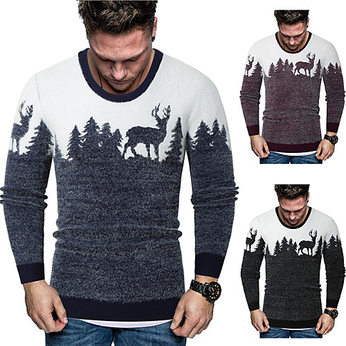 

Men's Stylish Fur Trim Animal Sweater Long Sleeve Sweater Cardigans Crew Neck Fall Winter Black Red Navy Blue