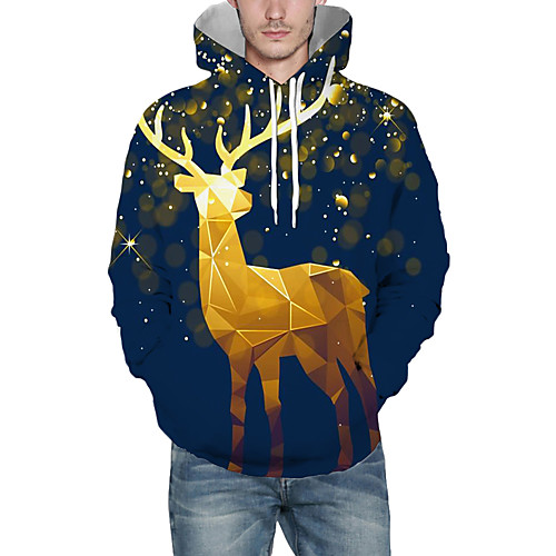 

Men's Pullover Hoodie Sweatshirt Graphic 3D Reindeer Hooded Christmas Daily 3D Print Christmas Hoodies Sweatshirts Long Sleeve Blue