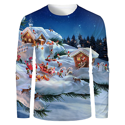 

Men's T shirt 3D Print Graphic 3D Print Long Sleeve Christmas Tops Blue