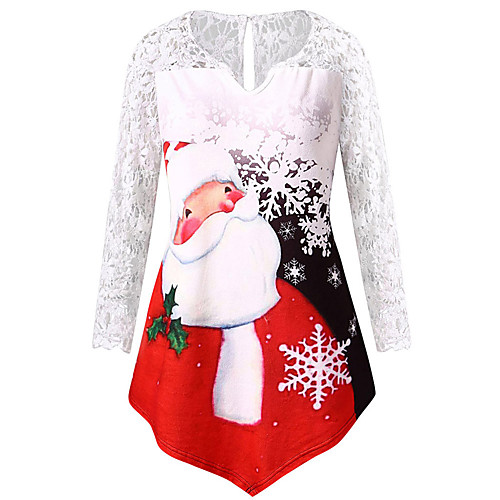 

Women's Blouse Shirt Snowflake Long Sleeve Lace Patchwork Print V Neck Christmas Tops Purple Red Green