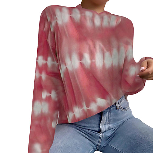 

Women's T shirt Tie Dye Long Sleeve Print Round Neck Tops Basic Basic Top Red Blushing Pink Green