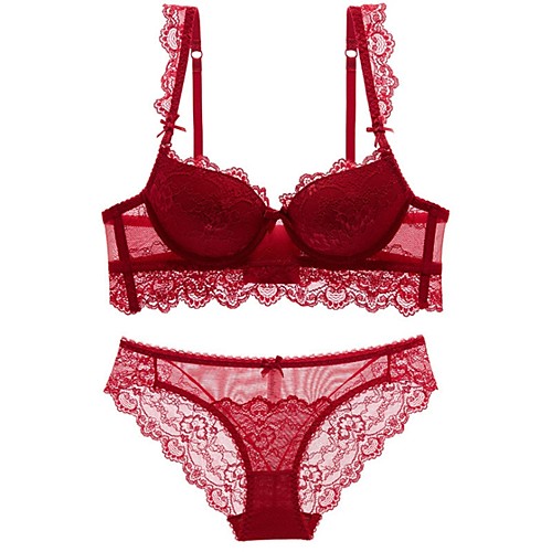 

Women's Bra & Panty Set Underwire Bra 3/4 Cup Embroidery Blue