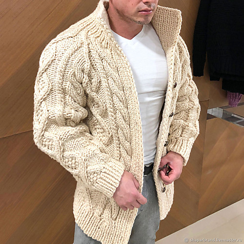 

Men's Knitted Solid Color Cardigan Long Sleeve Sweater Cardigans Stand Collar Fall Winter Black Beige
