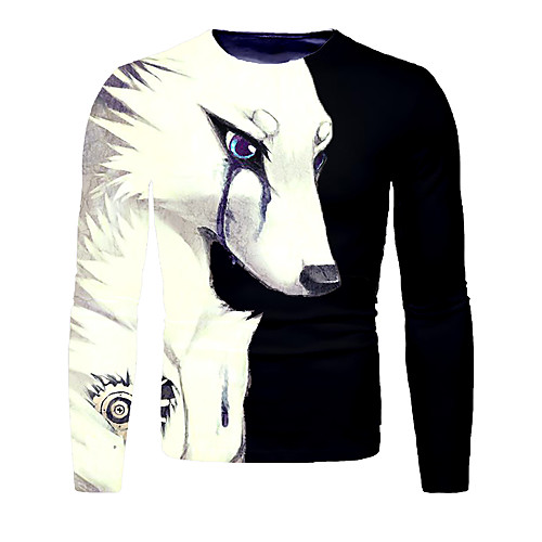

Men's T shirt 3D Print Graphic 3D Wolf Print Long Sleeve Daily Tops Chic & Modern Round Neck Black / White