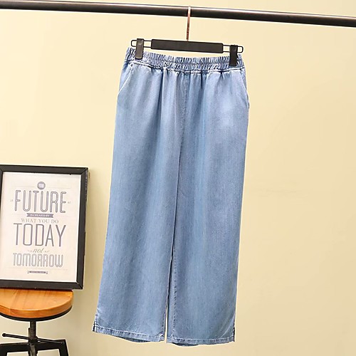 

Women's Basic Streetwear Comfort Daily Going out Wide Leg Pants Pants Solid Colored Calf-Length Split Pocket Blue Light Blue