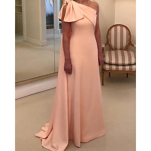 

Sheath / Column Minimalist Sexy Wedding Guest Formal Evening Dress One Shoulder Sleeveless Sweep / Brush Train Chiffon with Sleek 2021