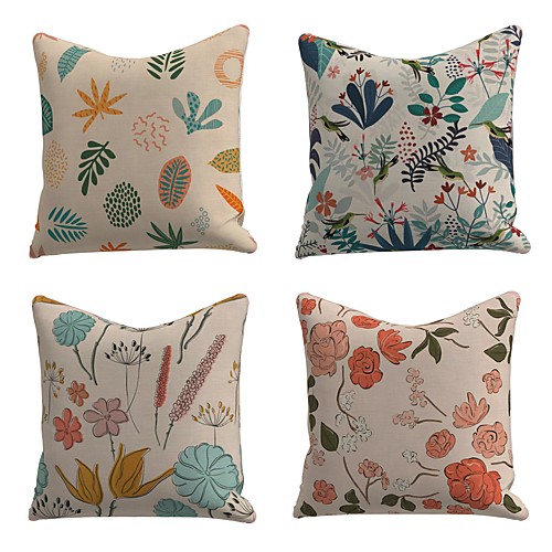 

Set of 4 Faux Linen Cotton / Faux Linen Pillow Cover Pillowcase Sofa Cushion Square Throw Pillow Colorful Leaves Flowers Pillows Case 4545cm