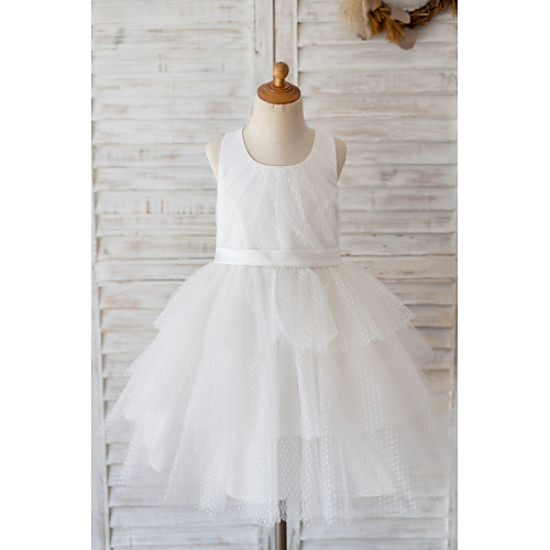 

Ball Gown Knee Length Flower Girl Dresses Wedding Tulle Sleeveless Jewel Neck with Belt