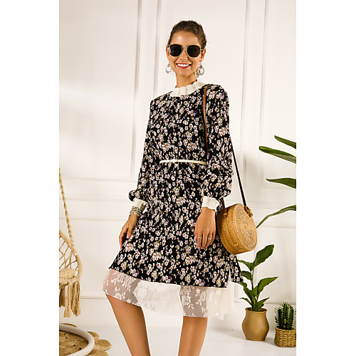 

Women's A Line Dress Knee Length Dress Gray Green Black Brown Long Sleeve Print Ruched Mesh Print Fall Elegant Lantern Sleeve Loose 2021 S M L XL XXL