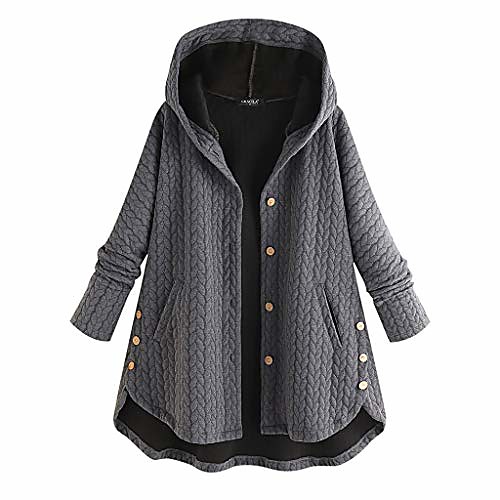 

women hooded long coat with pockets plus size loose fit button high low outwear d-gray