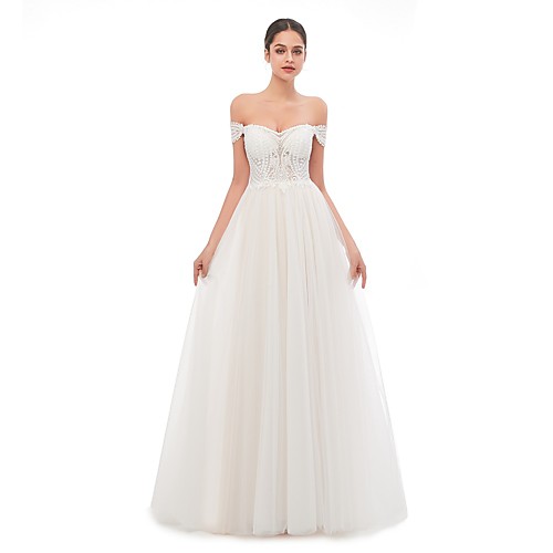 

A-Line Wedding Dresses Off Shoulder Sweep / Brush Train Tulle Short Sleeve Beach with Lace Appliques 2021