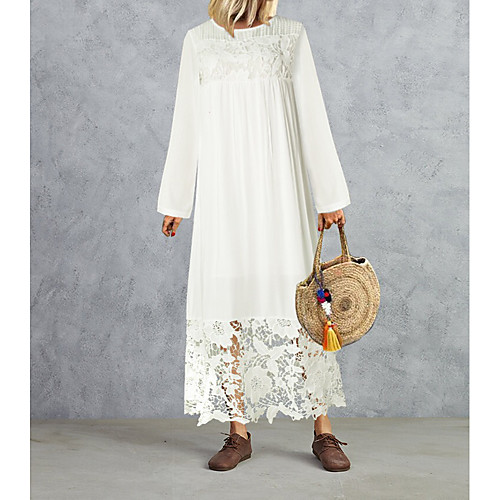 

Women's A Line Dress Maxi long Dress White Long Sleeve Solid Color Embroidered Fall Winter Round Neck Casual Going out Slim 2021 XS S M L XL XXL 3XL / Cotton / Cotton