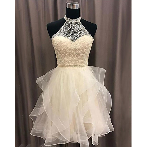 

A-Line Beautiful Back Luxurious Engagement Cocktail Party Dress Halter Neck Sleeveless Short / Mini Tulle with Tier 2021