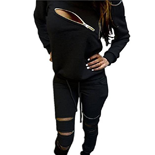 

women's 2pcs casual autumn tracksuit front zip long sleeve t-shirtpants sport wear suit black us 8