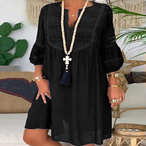 

Women's Shift Dress Knee Length Dress Green Black Long Sleeve Solid Color Lace Fall Casual Lantern Sleeve Loose 2021 S M L XL XXL 3XL 4XL 5XL