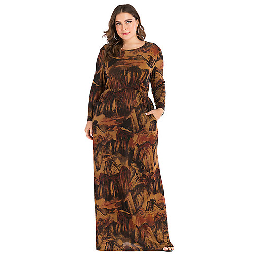 

Women's A Line Dress Maxi long Dress Brown Long Sleeve Print Pocket Print Fall Round Neck Vintage Loose 2021 XL XXL 3XL 4XL 5XL 6XL / Plus Size