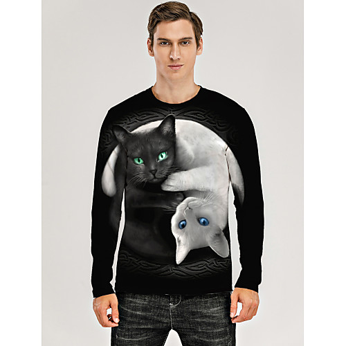 

Men's T shirt Shirt 3D Print Graphic 3D Animal Print Long Sleeve Daily Tops Round Neck Black / Gray